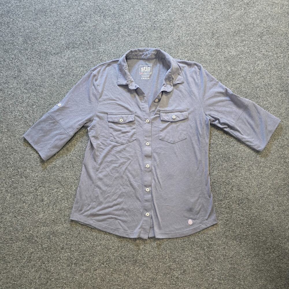 Stio Top Womens Medium Gray Blue Button 3/4 Sleeve Lightweight Capsule Outdoors